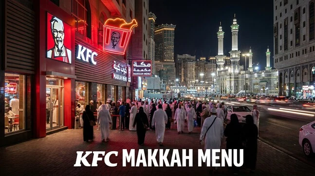 kfc makkah menu displayed with the exterior of a KFC restaurant in Makkah, Saudi Arabia showing the famous red branding.
