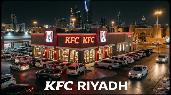 kfc riyadh restaurant exterior at night showing the famous red KFC signage and branding in Riyadh, Saudi Arabia.