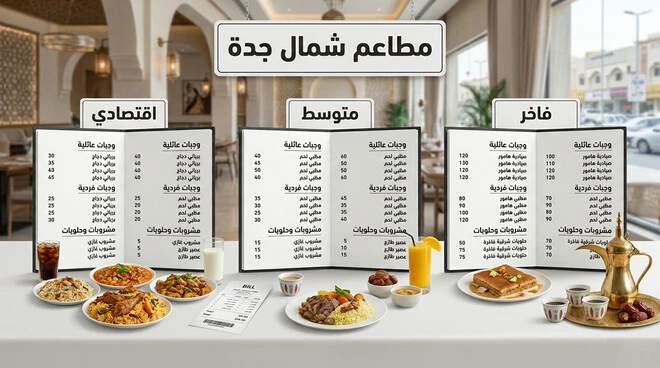صورة توضح أسعار ومنيو مطاعم شمال جدة مع خيارات اقتصادية ومتوسطة وفاخرة للعائلات.