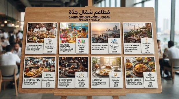 صورة تلخص خيارات مطاعم شمال جدة حسب العائلات والأطفال والإطلالة والميزانية ووقت الوجبة.