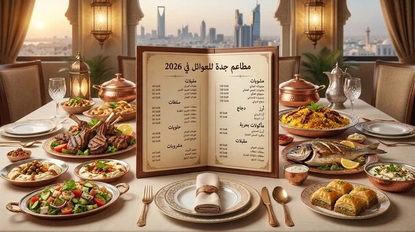 قائمة طعام عائلية تضم أطباقًا سعودية وعربية ومأكولات متنوعة مع أسعار بالريال السعودي.