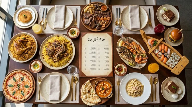صورة لمنيو متنوع في مطاعم شمال جدة يضم المأكولات السعودية والعربية والعالمية.