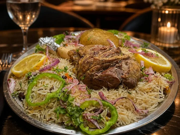 صحن مندي لحم مع الأرز